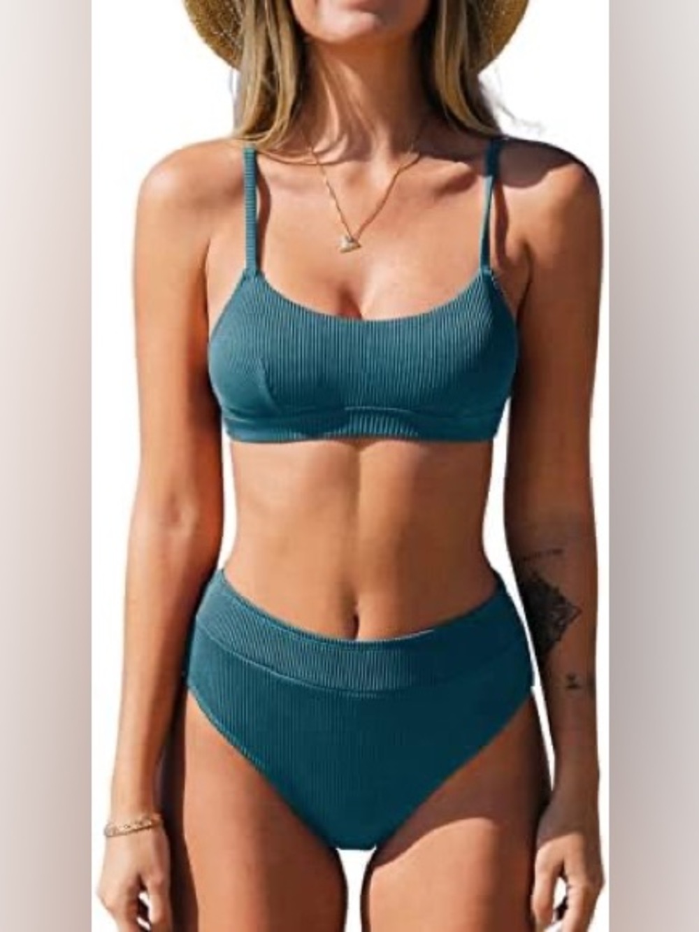 Cupshe Teal Ribbed Scoop High-Waist Bikini